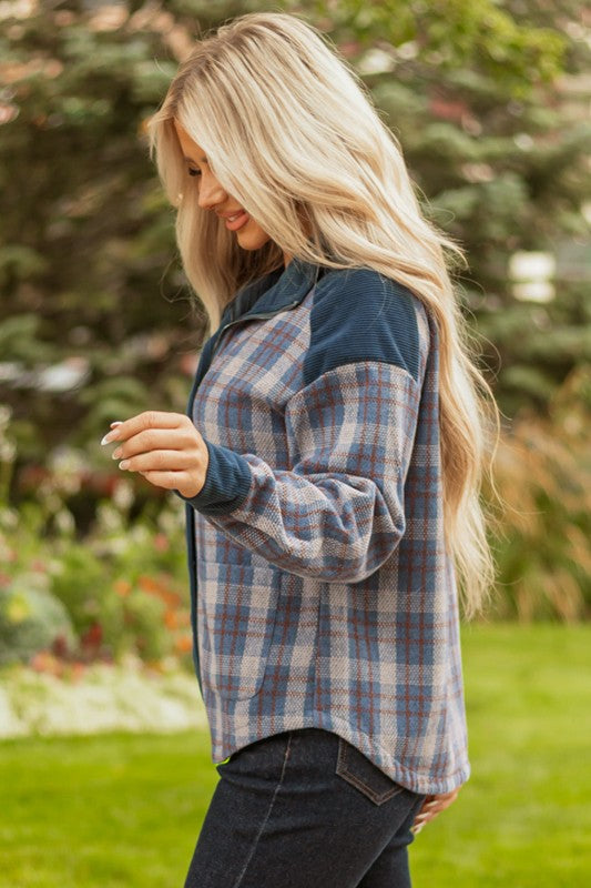 Women’s Corduroy Plaid Snap-Button Zip-Up Patchwork Jacket | Zarnesh