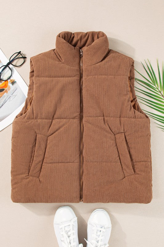 Women’s Corduroy Zipper Stand Collar Neck Puffer Vest Jacket | Zarnesh