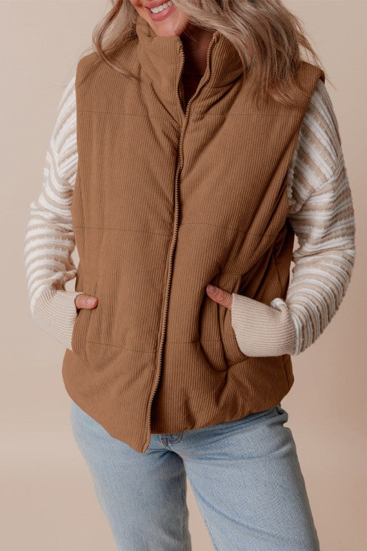 Women’s Corduroy Zipper Stand Collar Neck Puffer Vest Jacket | Zarnesh