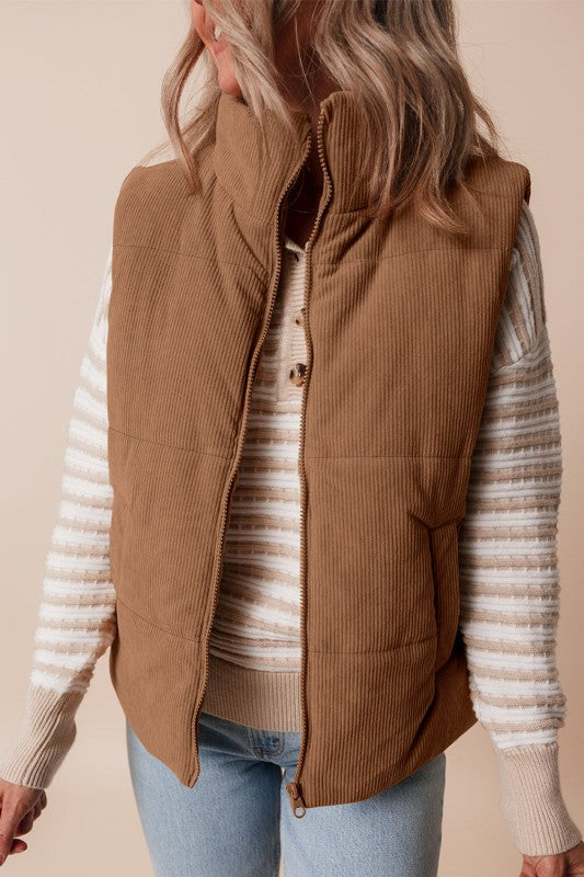 Women’s Corduroy Zipper Stand Collar Neck Puffer Vest Jacket | Zarnesh