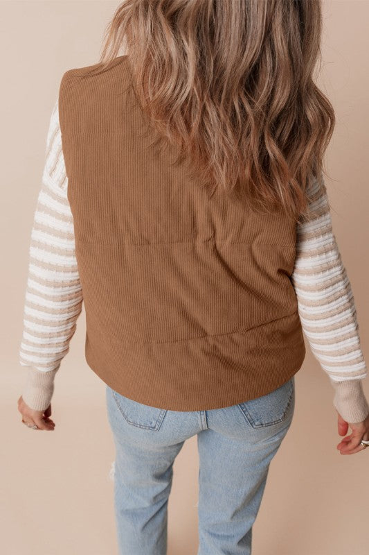 Women’s Corduroy Zipper Stand Collar Neck Puffer Vest Jacket | Zarnesh