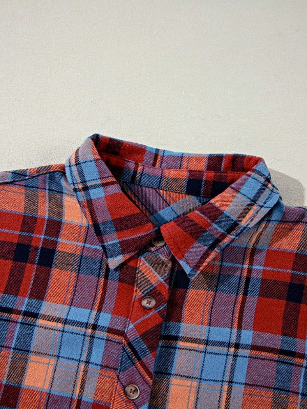 Women's Cotton Boho Red Mint Plaid Button Shirt Shacket | Zarnesh