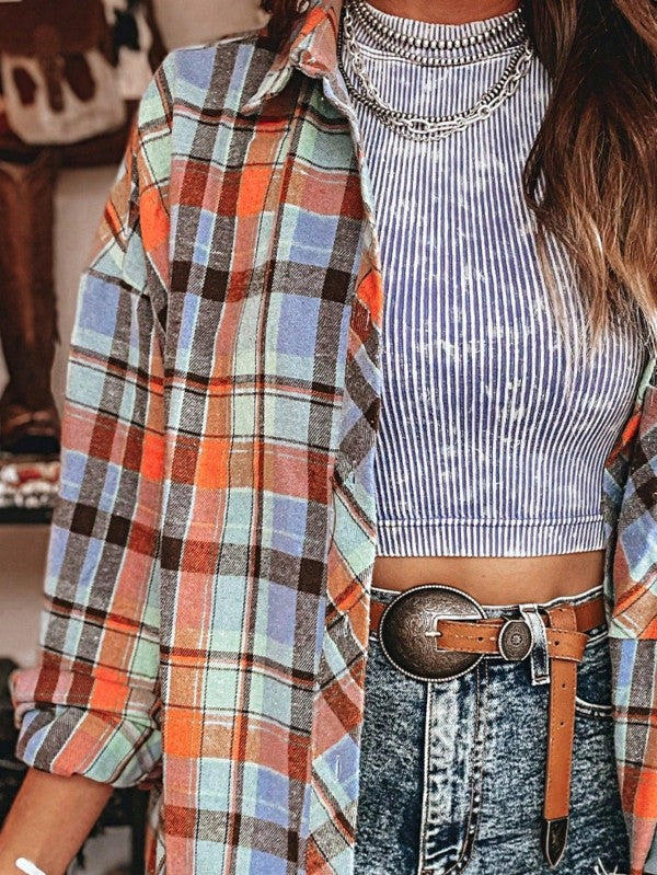 Women's Cotton Boho Red Mint Plaid Button Shirt Shacket | Zarnesh
