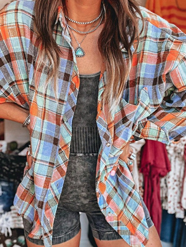 Women's Cotton Boho Red Mint Plaid Button Shirt Shacket | Zarnesh