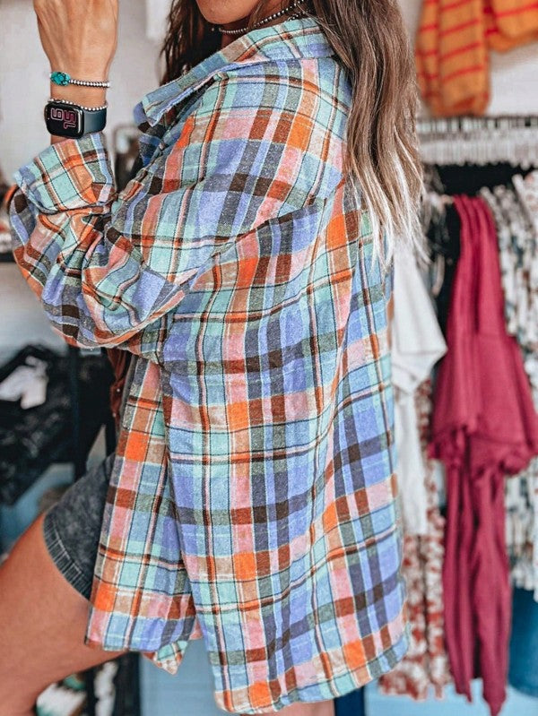 Women's Cotton Boho Red Mint Plaid Button Shirt Shacket | Zarnesh