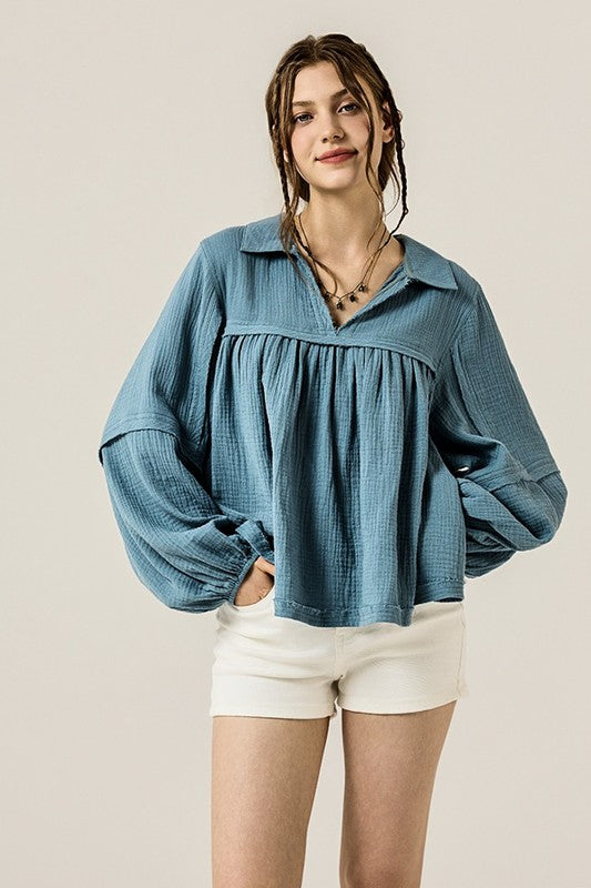 Women’s Cotton Gauze V-Neck Bubble Sleeve Blouse | Zarnesh