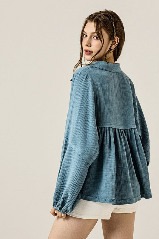 Women’s Cotton Gauze V-Neck Bubble Sleeve Blouse | Zarnesh
