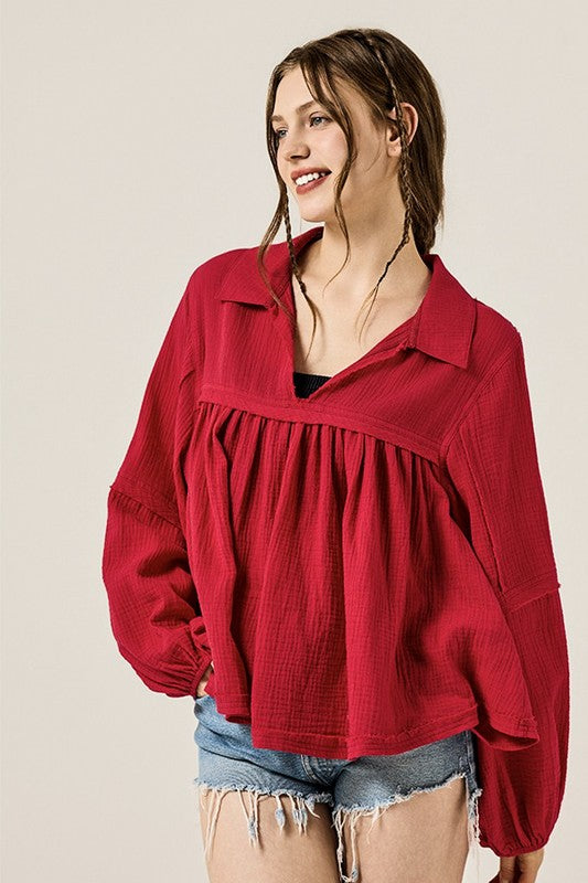 Women’s Cotton Gauze V-Neck Bubble Sleeve Blouse | Zarnesh