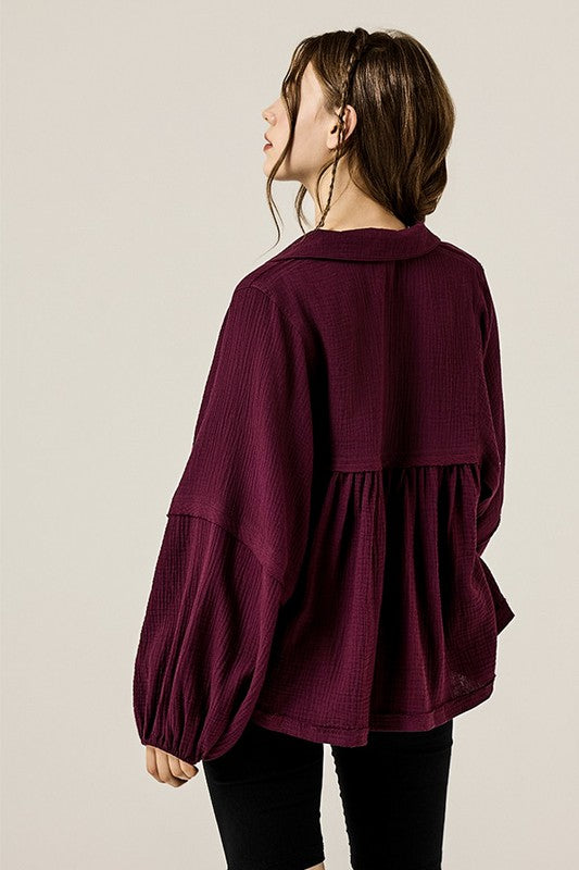 Women’s Cotton Gauze V-Neck Bubble Sleeve Blouse | Zarnesh