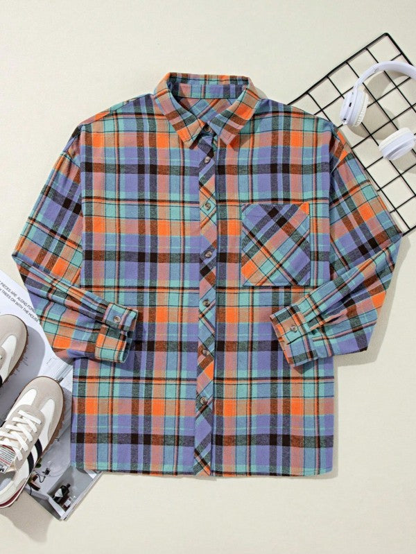 Women's Cotton Boho Red Mint Plaid Button Shirt Shacket | Zarnesh