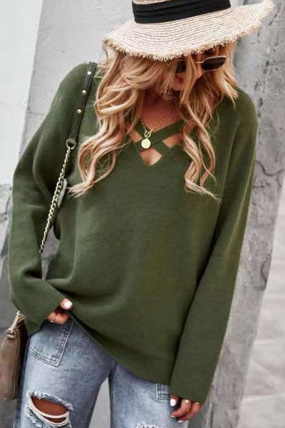 Women’s Crisscross V-Neck Ribbed Knit Sweater | Zarnesh