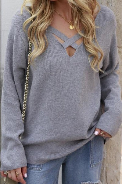 Women’s Crisscross V-Neck Ribbed Knit Sweater | Zarnesh