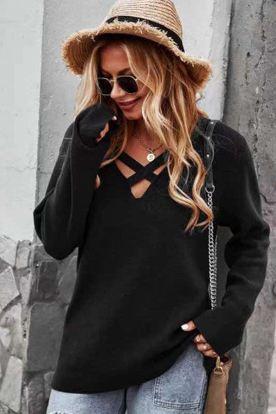 Women’s Crisscross V-Neck Ribbed Knit Sweater | Zarnesh