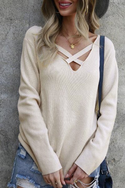 Women’s Crisscross V-Neck Ribbed Knit Sweater | Zarnesh