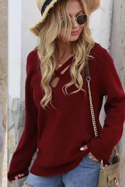 Women’s Crisscross V-Neck Ribbed Knit Sweater | Zarnesh