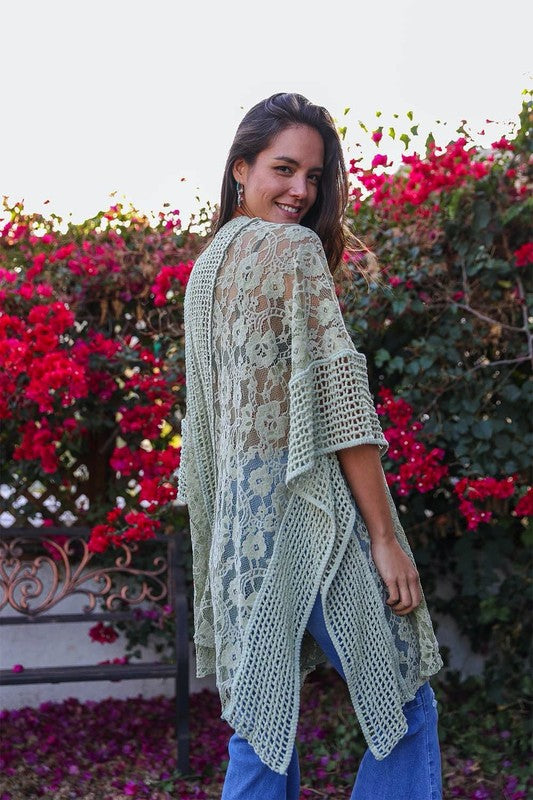 Women Crochet Floral Lace Texture Ankle Length One Size Kimono Zarnesh