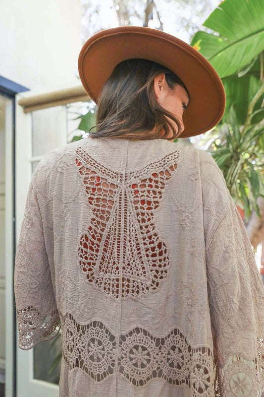Women's Crochet Open Patch Longline Kimono | Zarnesh