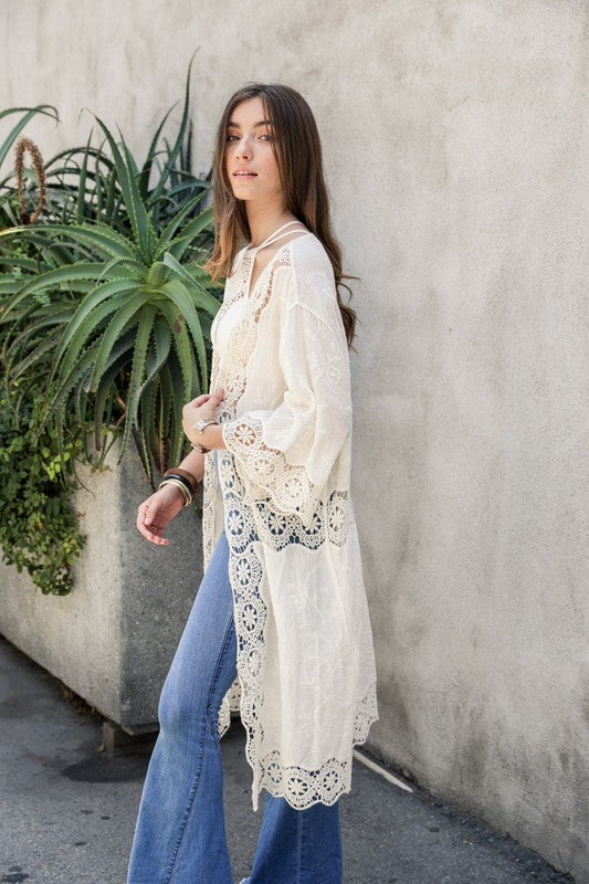 Women's Crochet Open Patch Longline Kimono | Zarnesh