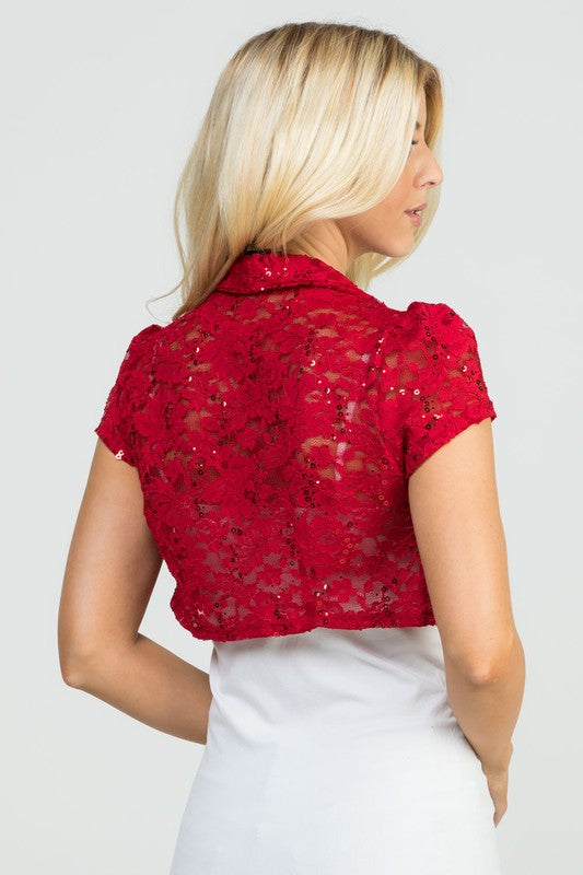 Women’s Crochet Sequin Cropped Lace Cap Sleeve Shrug | Zarnesh