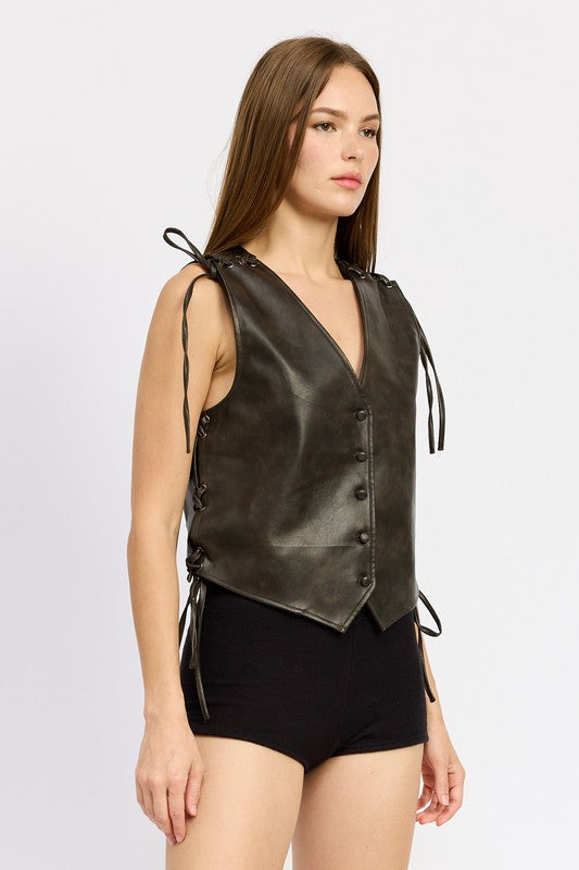 Women’s Cut Structured Fit Leather Vest With Lace Detail | Zarnesh