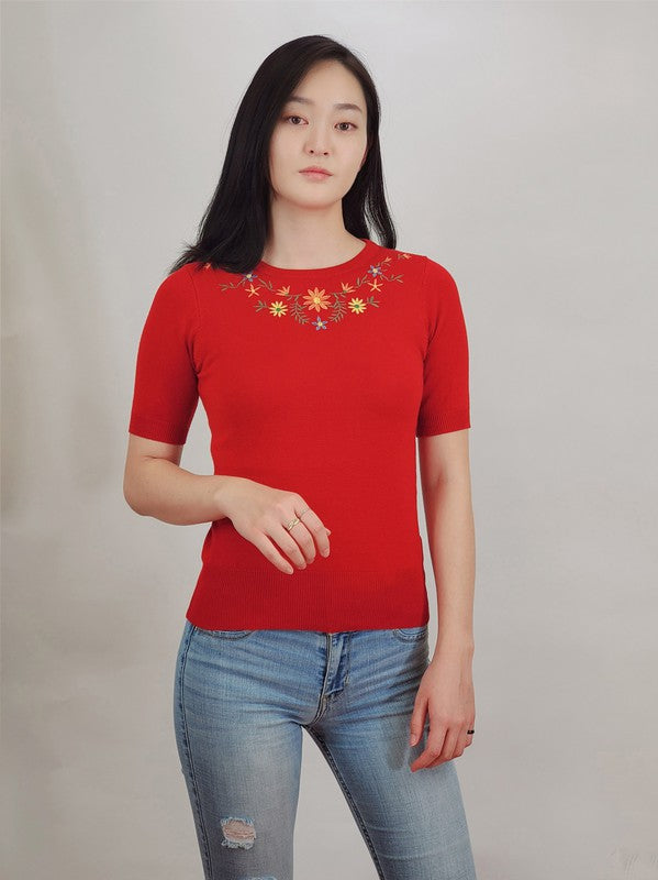Women’s Daisy Flower Embroidered Knit Pullover Sweater | Zarnesh