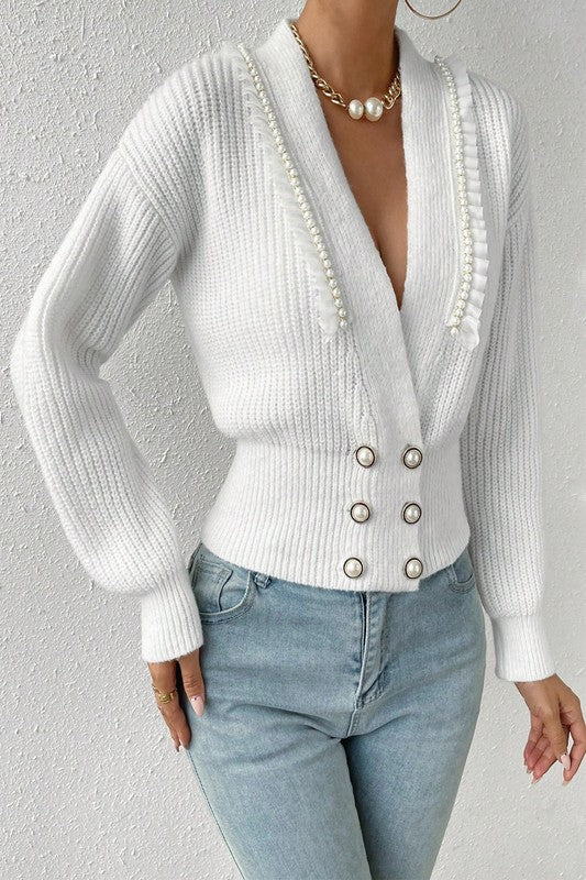 Women’s Deep V Double Breasted Pearl Beaded Sweater | Zarnesh