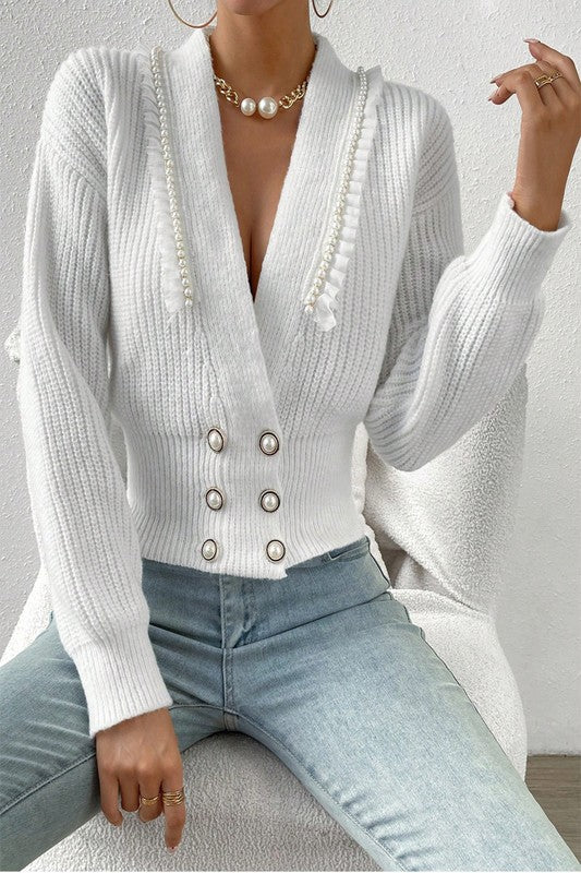 Women’s Deep V Double Breasted Pearl Beaded Sweater | Zarnesh