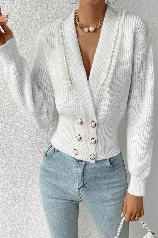 Women’s Deep V Double Breasted Pearl Beaded Sweater | Zarnesh