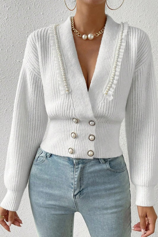 Women’s Deep V Double Breasted Pearl Beaded Sweater | Zarnesh