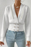 Women’s Deep V Double Breasted Pearl Beaded Sweater | Zarnesh