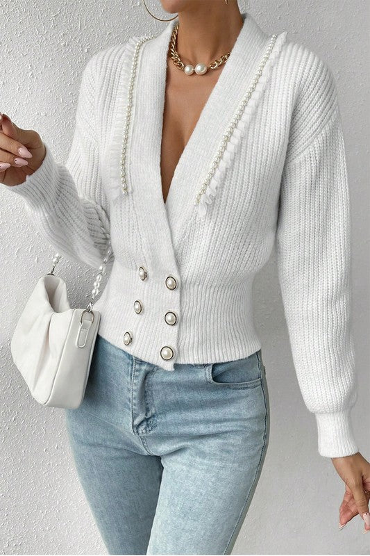 Women’s Deep V Double Breasted Pearl Beaded Sweater | Zarnesh