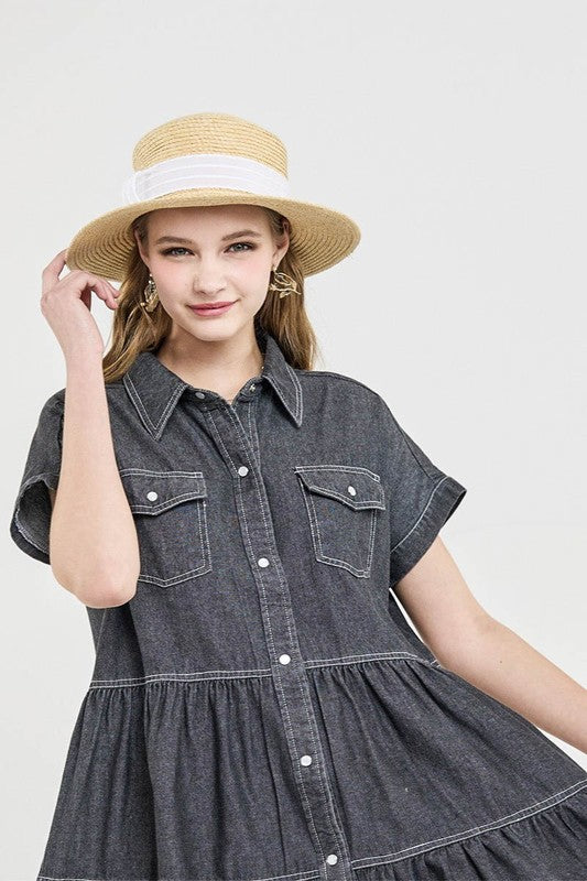 Women’s Denim Button Down Babydoll Tiered Shirt Dress | Zarnesh