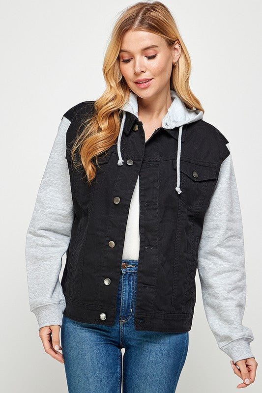 Women’s Black Denim Jacket with Fleece Hood | Zarnesh