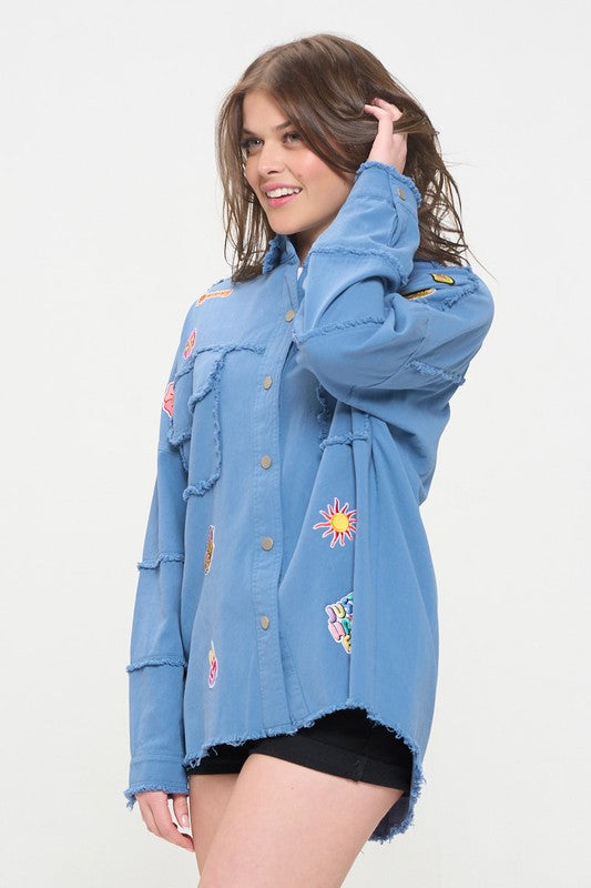 Women’s Denim Patchwork Frayed Hem Button Down Top | Zarnesh
