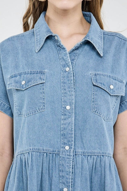 Women’s Denim Button Down Babydoll Tiered Shirt Dress | Zarnesh