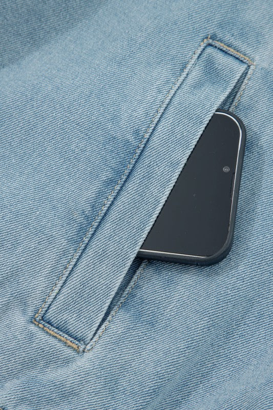 Women’s Denim Collared Elastic Edge Zip-Up Pocketed Jacket | Zarnesh