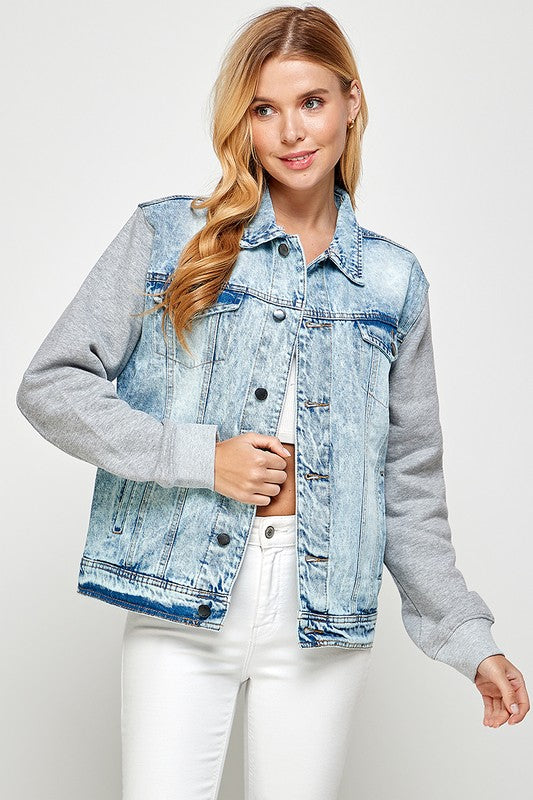 Women’s Denim Jacket with Fitted Cuffs Hem Fleece Hoodie | Zarnesh