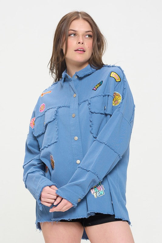 Women’s Denim Patchwork Frayed Hem Button Down Top | Zarnesh