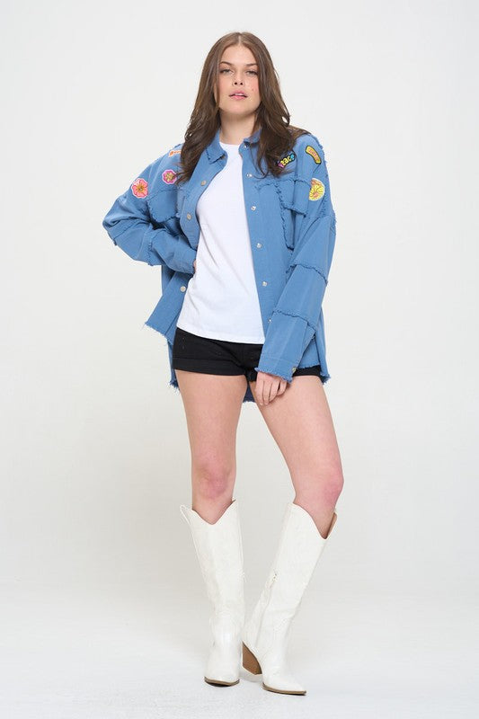 Women’s Denim Patchwork Frayed Hem Button Down Top | Zarnesh