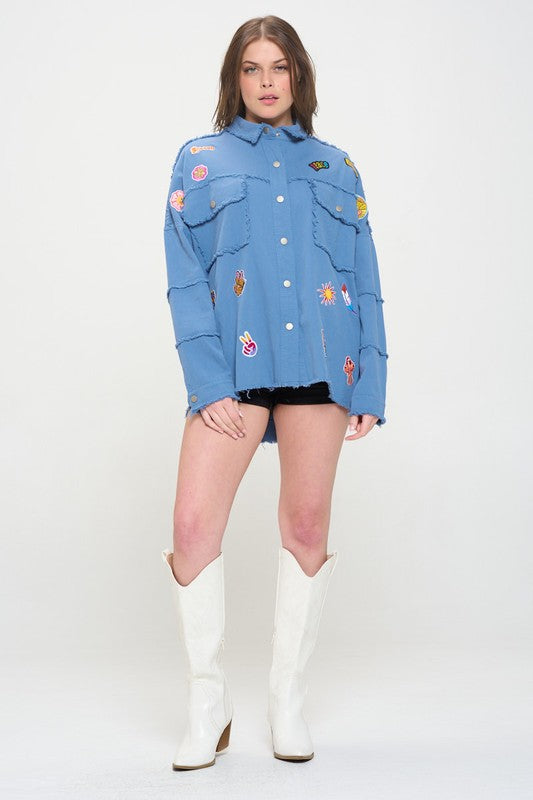 Women’s Denim Patchwork Frayed Hem Button Down Top | Zarnesh