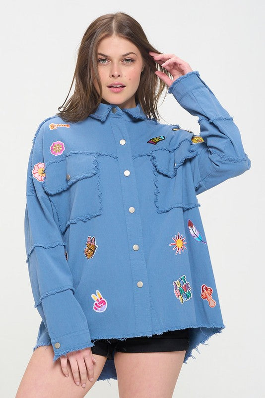 Women’s Denim Patchwork Frayed Hem Button Down Top | Zarnesh