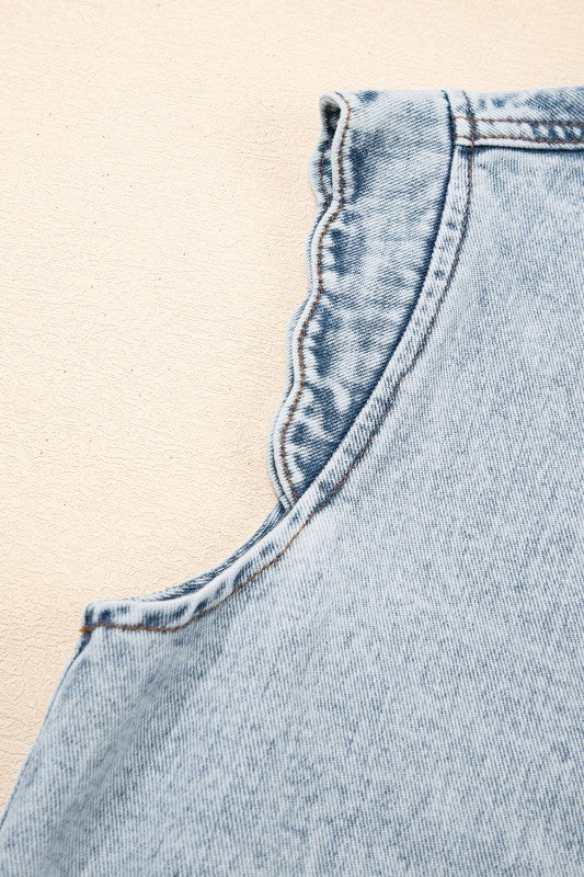 Women’s Denim Ruffled Scallop Button Front Patch Pocket Vest | Zarnesh
