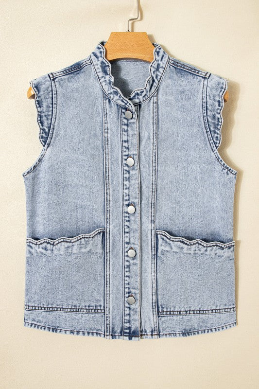 Women’s Denim Ruffled Scallop Button Front Patch Pocket Vest | Zarnesh