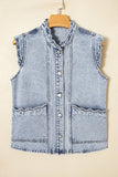 Women’s Denim Ruffled Scallop Button Front Patch Pocket Vest | Zarnesh
