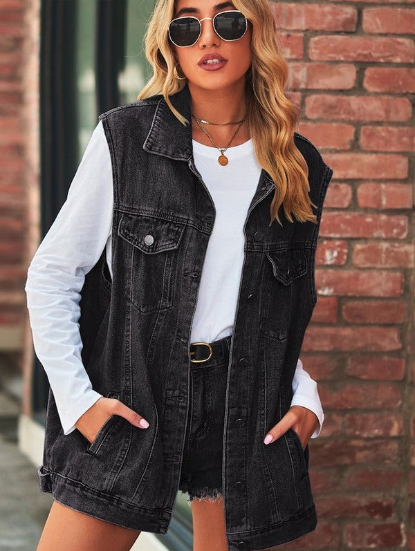 Women’s Denim Vest Sleeveless Jean Jacket with Front Button Closure | Zarnesh