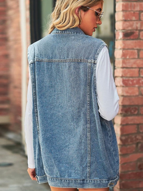 Women’s Denim Vest Sleeveless Jean Jacket with Front Button Closure | Zarnesh