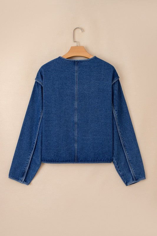 Women’s Denim Wash Open Front Straight Cut Pocket Jacket | Zarnesh