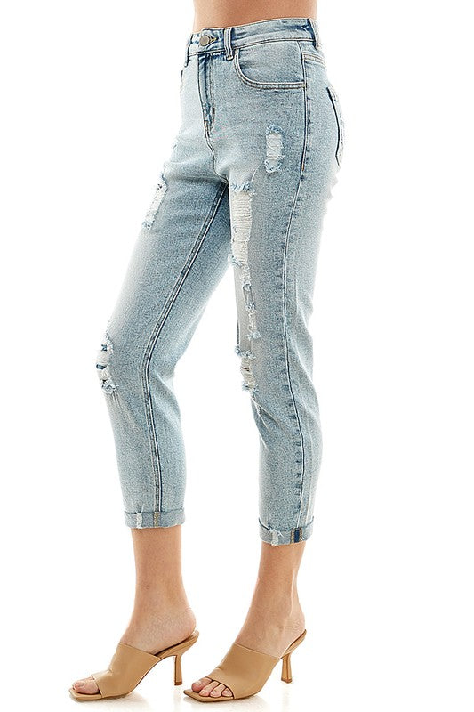 Women’s Destructed Ripped High Waist Cuffed Jeans | Zarnesh