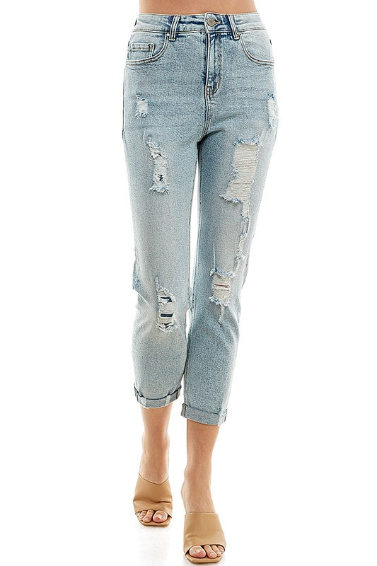 Women’s Destructed Ripped High Waist Cuffed Jeans | Zarnesh