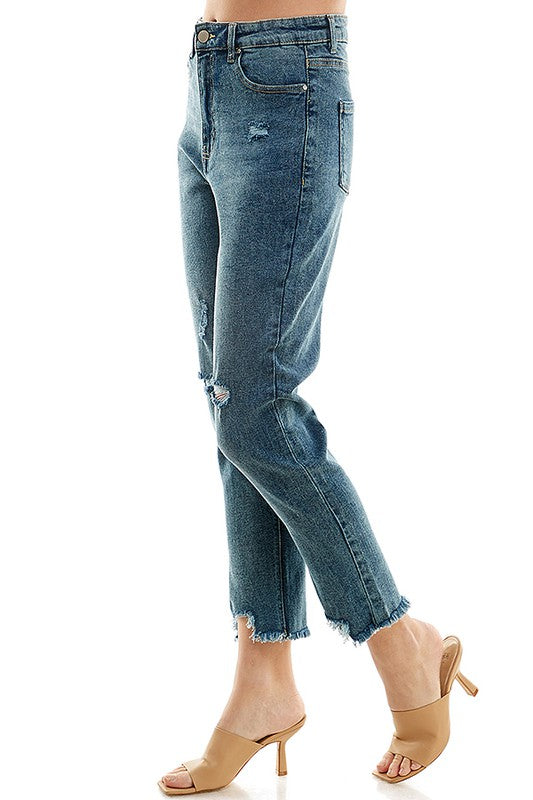 Women’s Detailed High Rise Distressed Straight Leg Jeans | Zarnesh